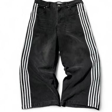 Jean Baggy Noir Y2k avec Rayures Blanches