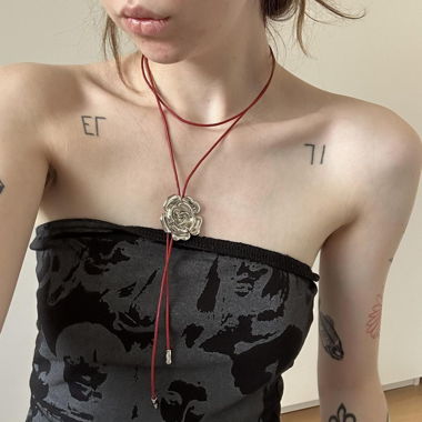 Silver flower pendant necklace red leather cord 