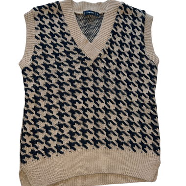 Gilet in maglia smanicato beige con motivo pied de poule nero
