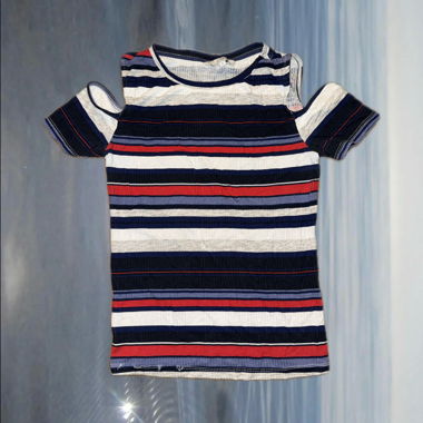 Striped shoulder-detail ribbed baby tee