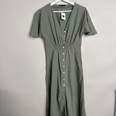 Green button-front midi dress