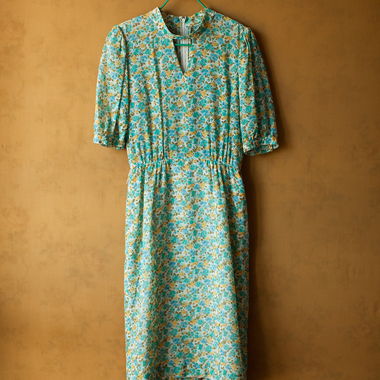Robe fleurie vintage à imprimé roses vert & jaune (S)