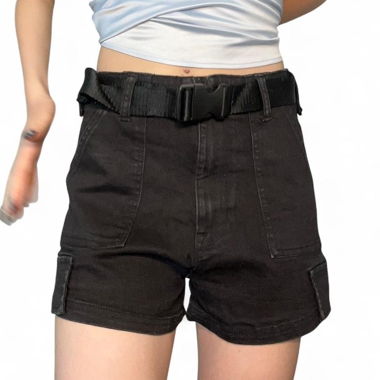 Black cargo shorts with adjustable belt, size 38