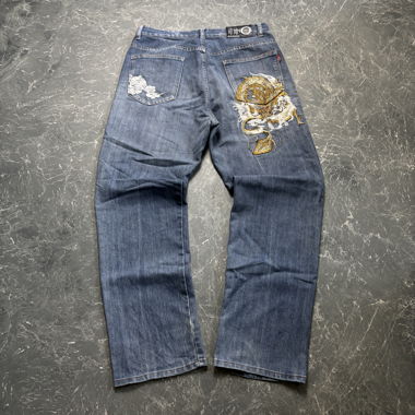 Vintage Japanese Style Straight Printed Jeans (M)