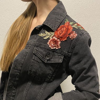 black denim jacket with red flower details (mens)