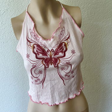 Pink Crinkle Butterfly Halter Crop Top 
