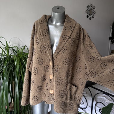 Brown Fleece Knit Cardigan with Pattern