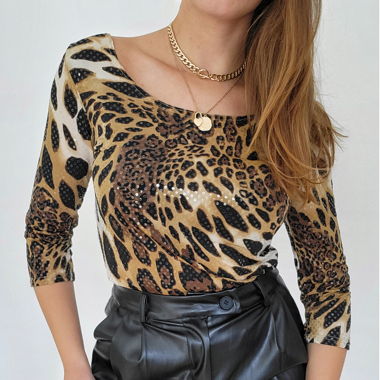 Top vintage a maniche lunghe con stampa animalier e paillettes
