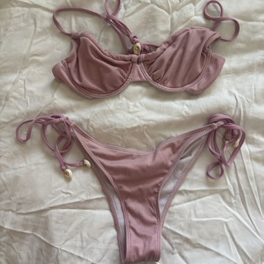 Pink bikini with fine stripes