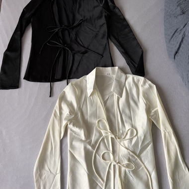 Satin Wrap Blouse Set black/white