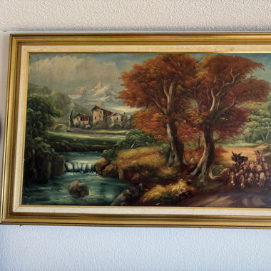Peinture à l'huile Paysage d'automne avec troupeau de moutons, antique