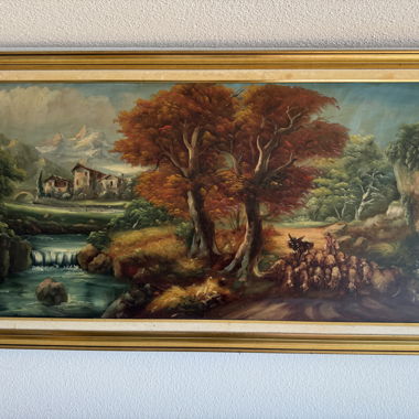 Gemälde Herbstlandschaft mit Schafherde, antik
