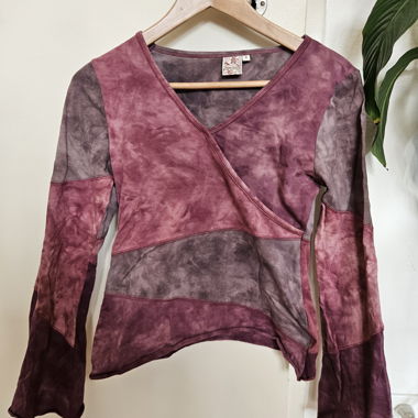 Purple Patchwork Long-Sleeve Top with V-Neck