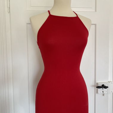 red, backless dress