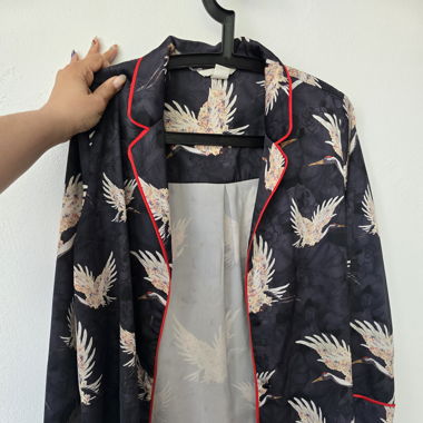 Black Crane Print Satin Shirt – Size 34 (XS/S)
