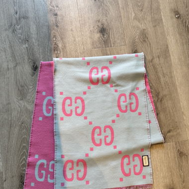 Gucci Wool Scarf Pink Blue Reversible GG Logo