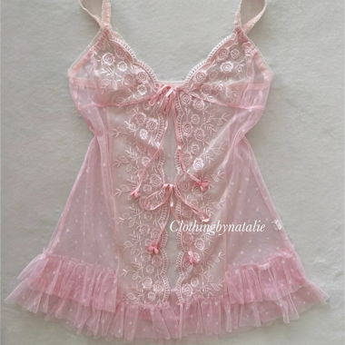 Babydoll in mesh di pizzo rosa Taglia S
