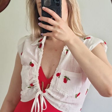 Leinen Crop Bluse mit Kirsch neu mit Etikett
