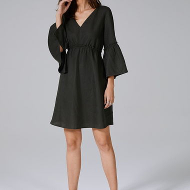 Countryroad-Leinenkleid Schwarz mit Glockenärmeln