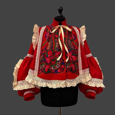 Red reinterpreted folk-style blouse jacket