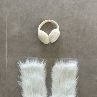 white fur leg warmers and earmuffs
