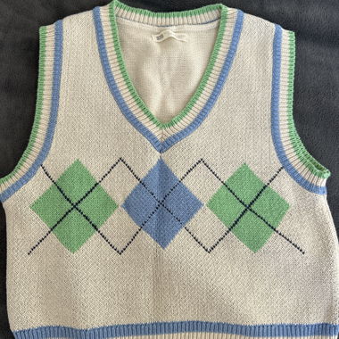 Gilet sans manches à losanges vert et bleu