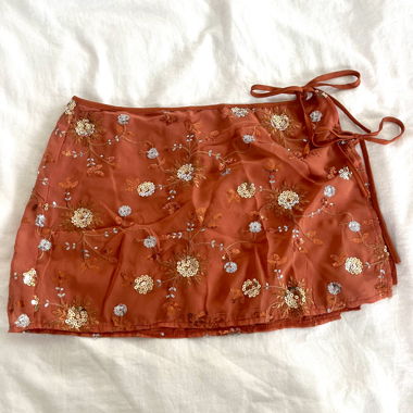 Rust Orange Sequin Floral Wrap Mini Skirt