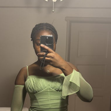 Green runched off shoulder dress