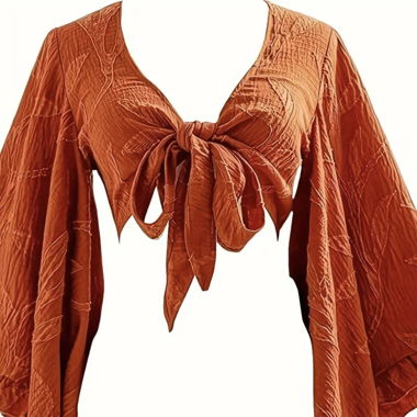 Lange Ärmel Strukturierte Knoten-Front Crop Bluse 