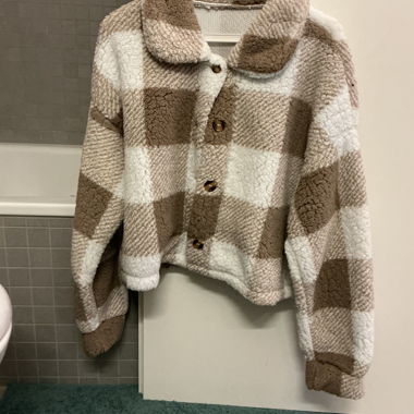Checkered Teddy Jacket in Beige and White