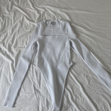 White ribbed bodysuit with long sleeves
