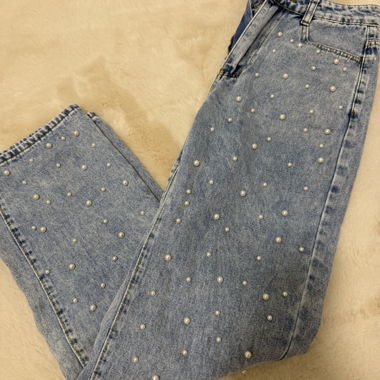 Wide straight light-blue jeans with pearls