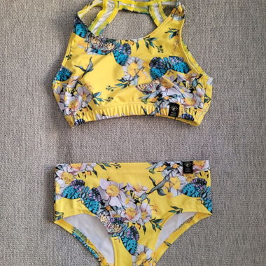 Ensemble deux pièces de pole dance à fleurs jaunes