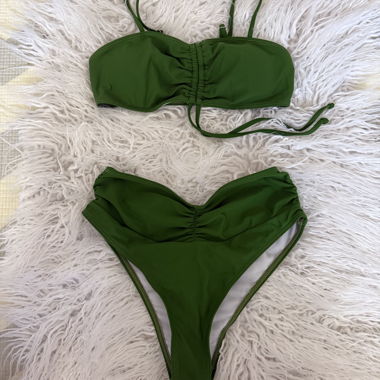 Green bandeau bikini with high-waist bottoms