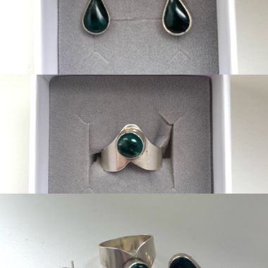 Set : boucles d’oreilles et bague en S.925 avec pierre de jade