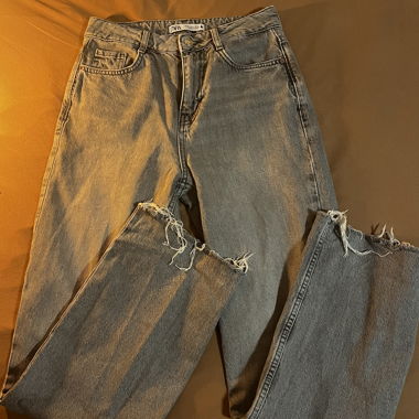 High-waisted, straight-leg, ripped denim jeans