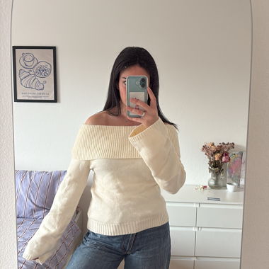 Off-shoulder cream knit sweater