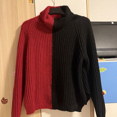 Two-tone Red & Black Turtleneck Sweater