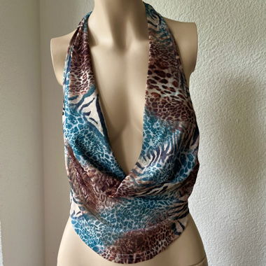 Mixed Animal Print Sheer Mesh Cowl Halter Top
