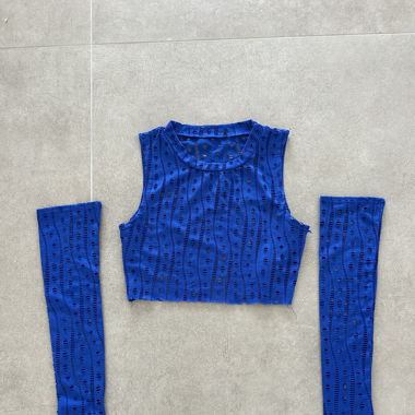 blue ripped crop top with detached sleeves