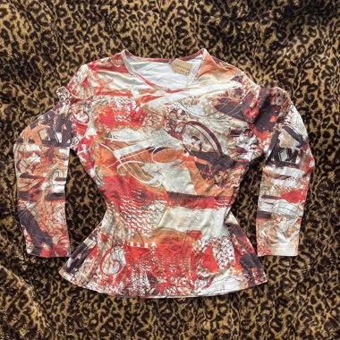 y2k/90s orange bedazzled all-over print longsleeve
