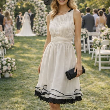 Elfenbeinfarbenes Cocktailkleid mit schwarzem Hut
