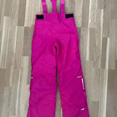 Pink kids ski pants with suspenders