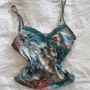Multicolor paisley cami top with teal lace trim