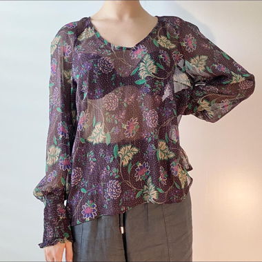 Flower printed sheer violet blouse 
