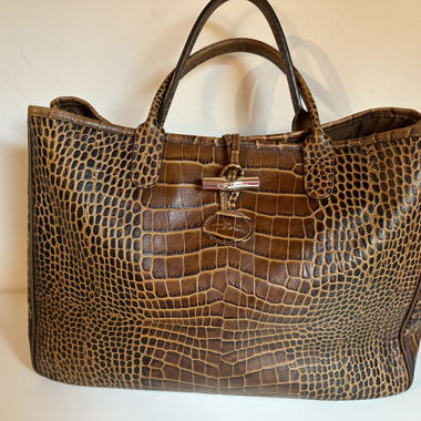 Large Longchamp Roseau Bag - Brown Croco Leather.