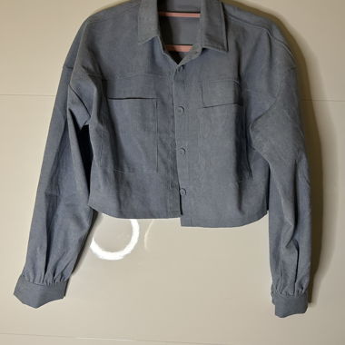 blue cropped button-up shirt jacket