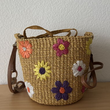 Serpui Straw Bucket Bag with Floral Embroidery