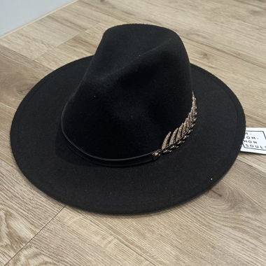 Black felt hat with feather band