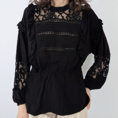 Blusa nera con pizzo a maniche lunghe M